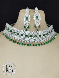 Rhodium white choker set with green and white stones
