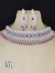 Rhodium white choker set with pink and white stones