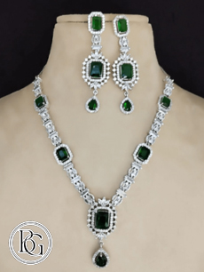 American Diamond necklace set with green doublet pendent stone
